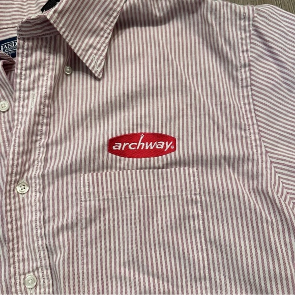 Lands End Archway Cookies Shirt Mens Red Striped‎ Cotton Blend Button Up Pocket
